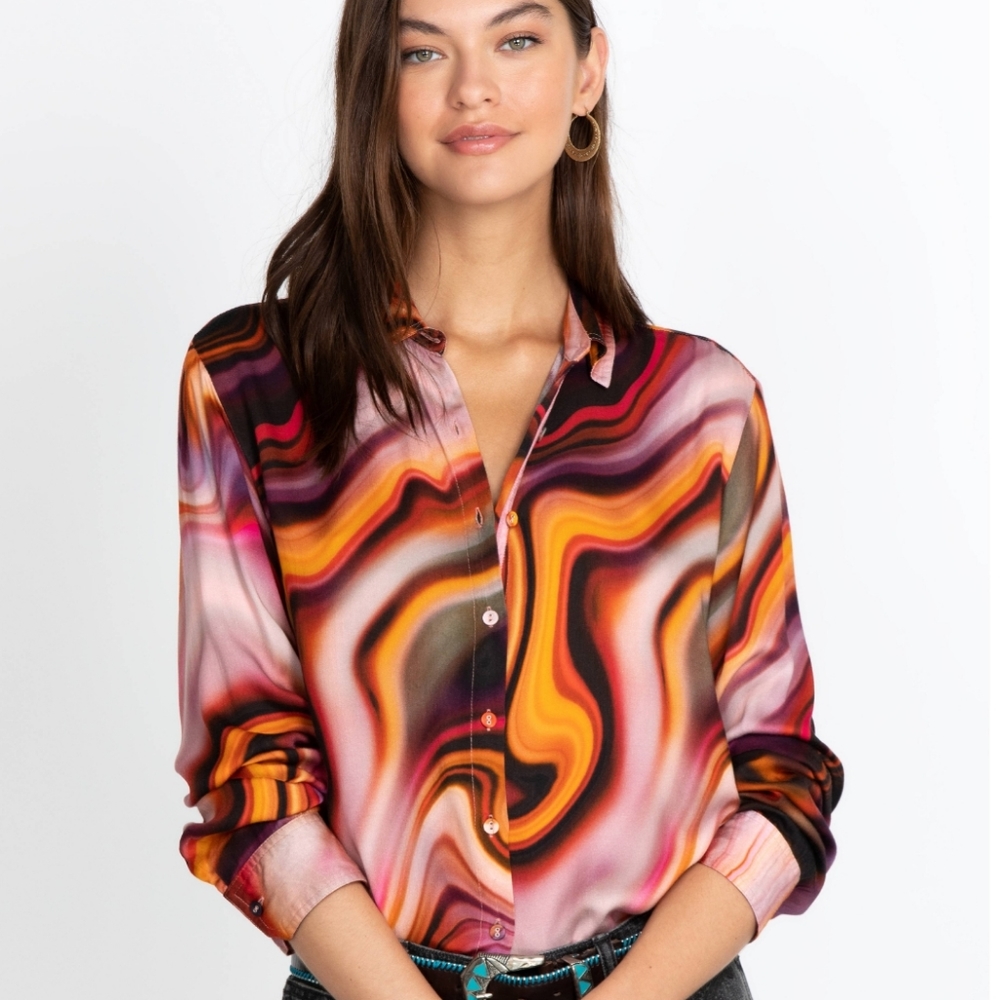 Johnny Was Nessi Swirl Print Button-Down Shirt, Size Small/Med